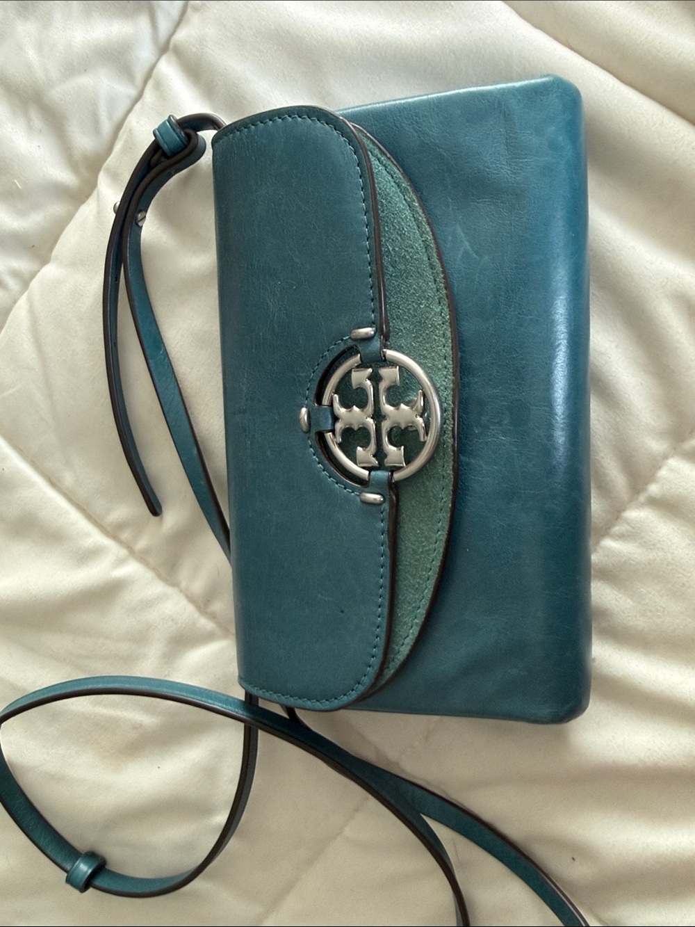 Tory Burch Teal Leather Crossbody Clutch with Logo Hardware